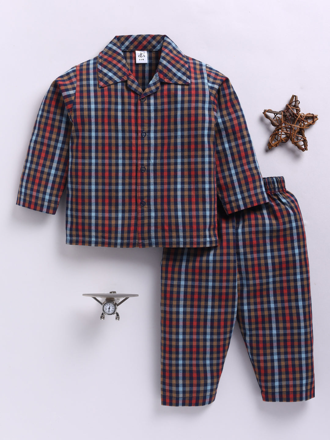 Blue & Red Cotton Woven Checked Full Sleeve Night Suit