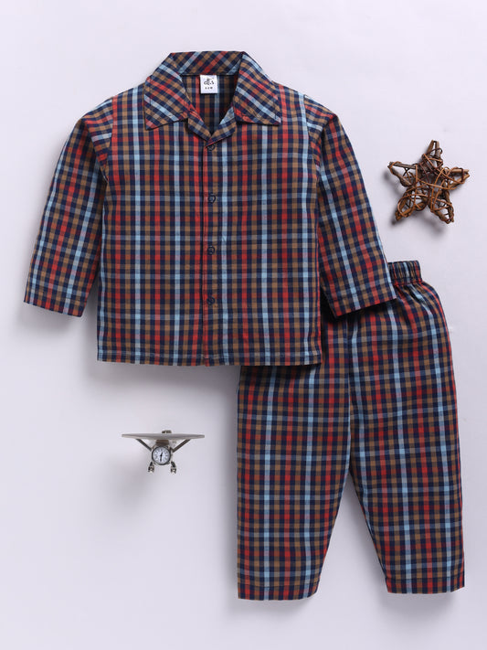 Blue & Red Cotton Woven Checked Full Sleeve Night Suit