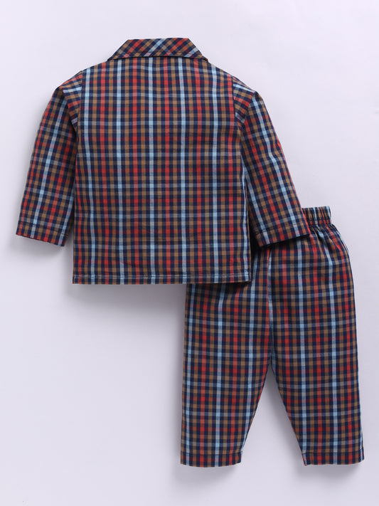 Blue & Red Cotton Woven Checked Full Sleeve Night Suit