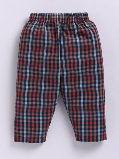 Blue & Red Cotton Woven Checked Full Sleeve Night Suit