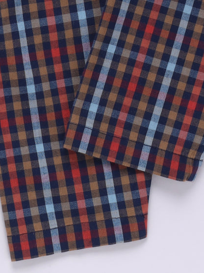 Blue & Red Cotton Woven Checked Full Sleeve Night Suit