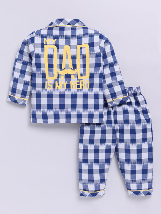 " My Dad is My Hero" Limited Edition Blue Checkered Typography Full Sleeve Night Suit