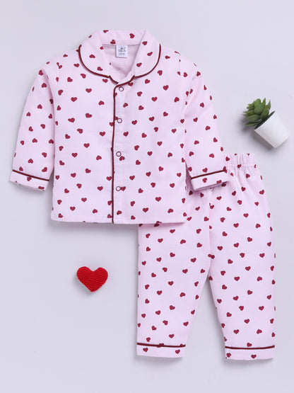 Pink Cotton Tiny Hearts Full Sleeve Flannel Night Suit