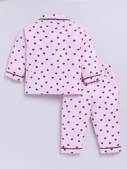 Pink Cotton Tiny Hearts Full Sleeve Flannel Night Suit