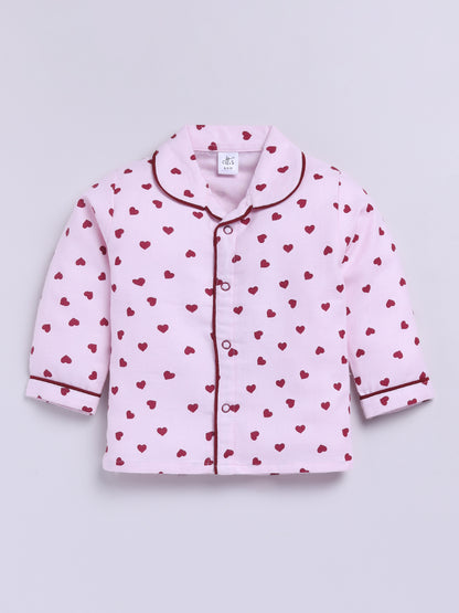 Pink Cotton Tiny Hearts Full Sleeve Flannel Night Suit