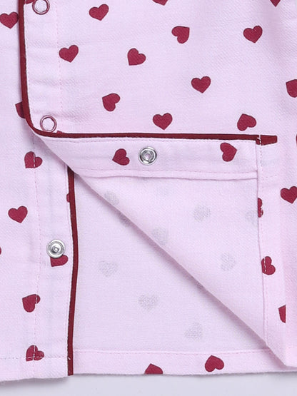 Pink Cotton Tiny Hearts Full Sleeve Flannel Night Suit