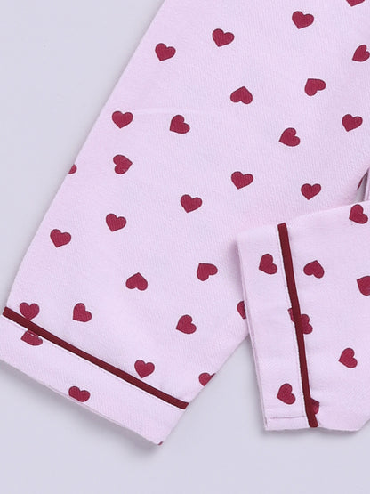 Pink Cotton Tiny Hearts Full Sleeve Flannel Night Suit