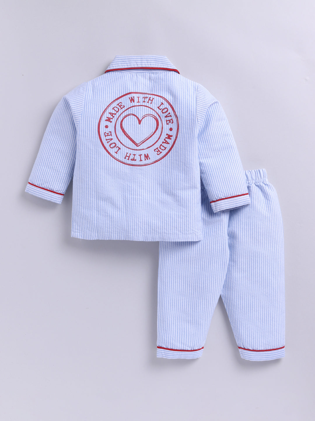 "Made with Love ❤️" Blue Cotton Woven Typography Full Sleeve Night Suit