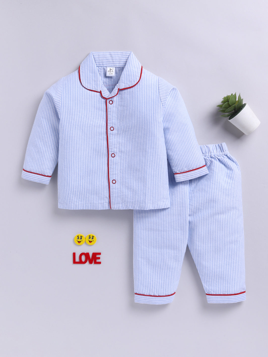 "Made with Love ❤️" Blue Cotton Woven Typography Full Sleeve Night Suit