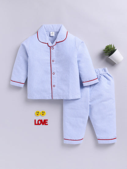 "Made with Love ❤️" Blue Cotton Woven Typography Full Sleeve Night Suit