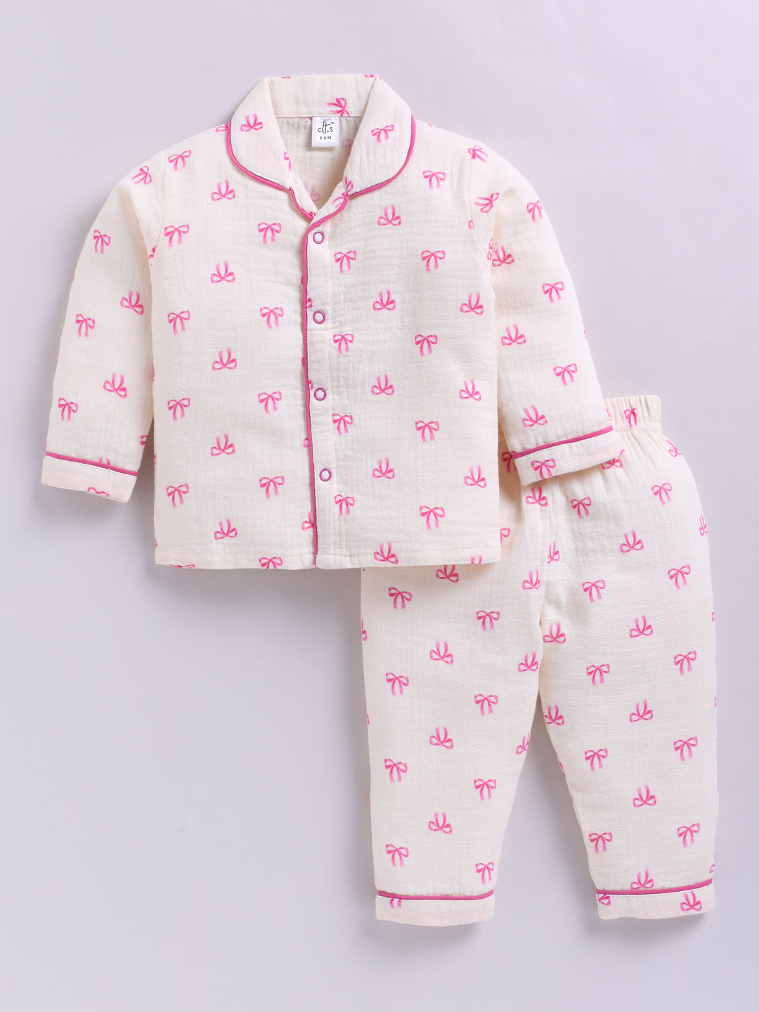 Pink Cotton Bow Printed Full Sleeve Night Suit