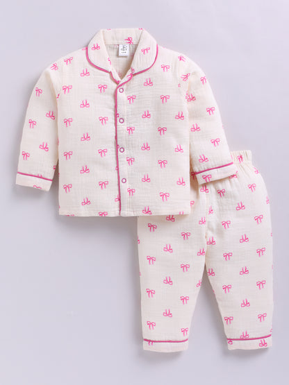 Pink Cotton Bow Printed Full Sleeve Night Suit