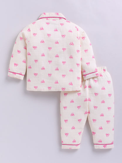 Pink Cotton Bow Printed Full Sleeve Night Suit