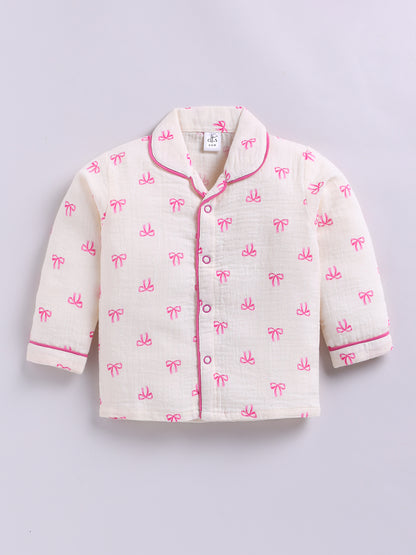 Pink Cotton Bow Printed Full Sleeve Night Suit