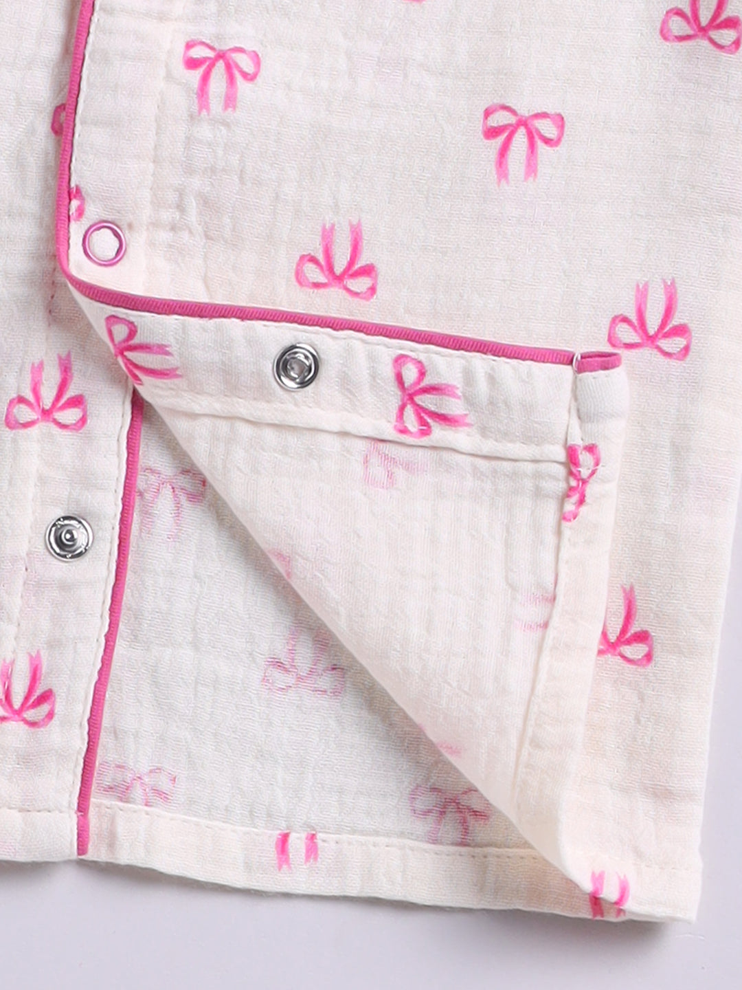 Pink Cotton Bow Printed Full Sleeve Night Suit