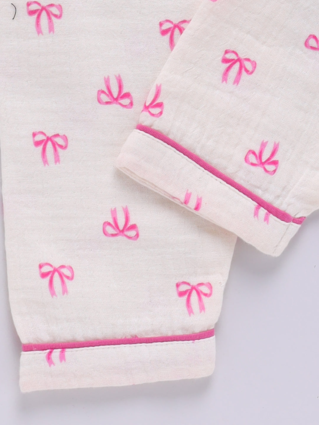 Pink Cotton Bow Printed Full Sleeve Night Suit