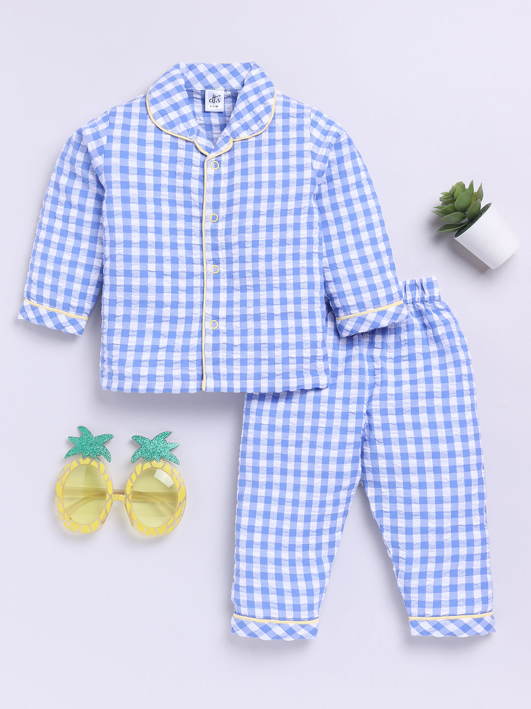 Blue Cotton Woven Checked Full Sleeve Night Suit