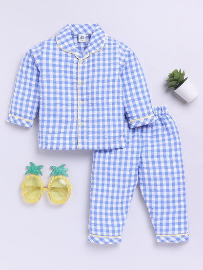 Blue Cotton Woven Checked Full Sleeve Night Suit