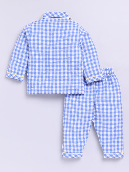 Blue Cotton Woven Checked Full Sleeve Night Suit