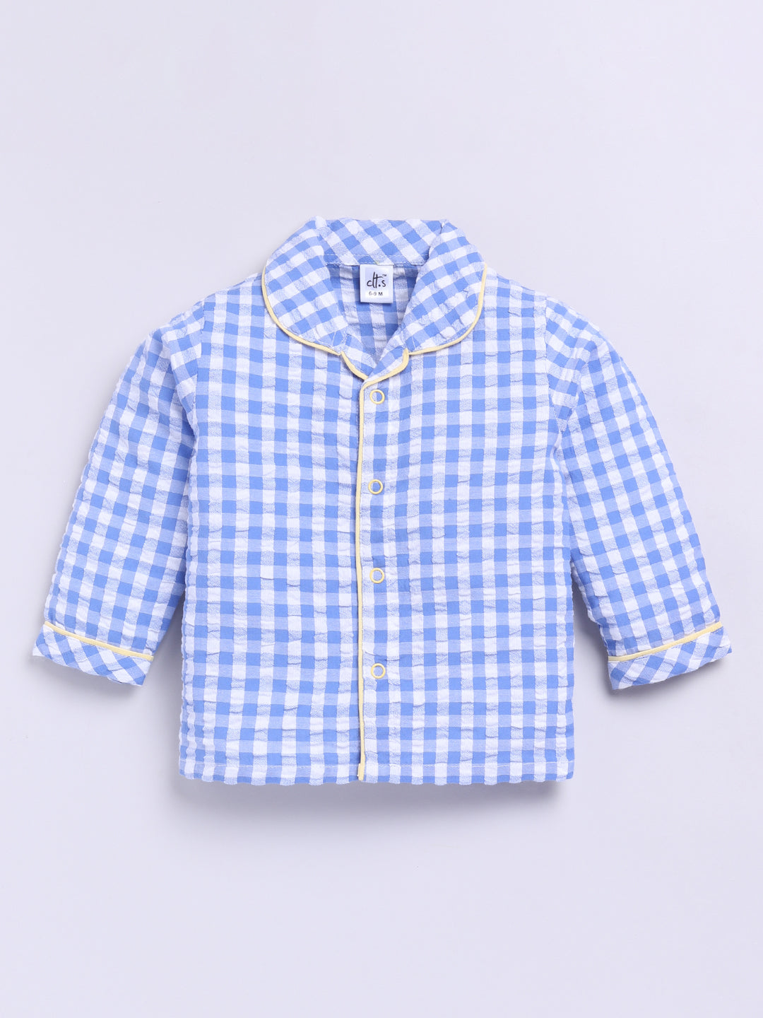 Blue Cotton Woven Checked Full Sleeve Night Suit