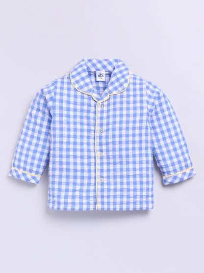 Blue Cotton Woven Checked Full Sleeve Night Suit