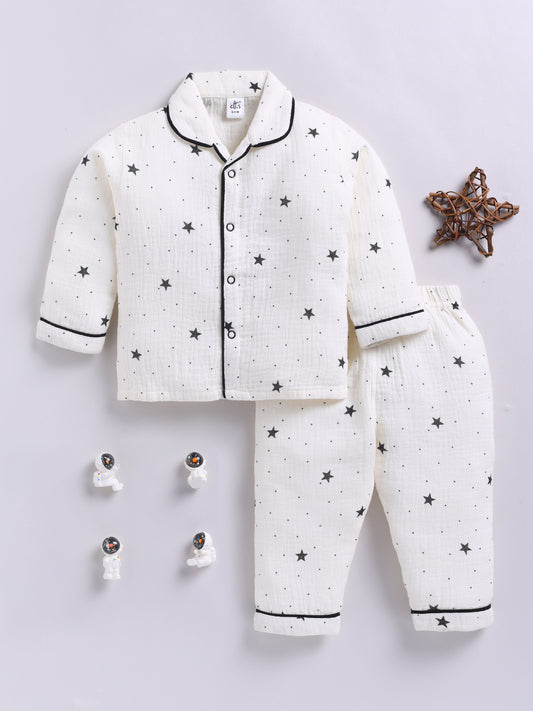 Off-white Cotton Starry Full Sleeve Night Suit