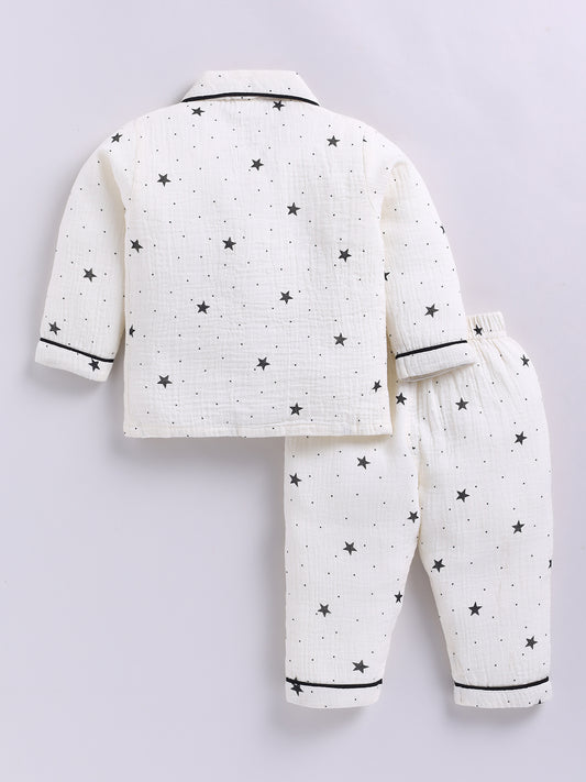 Off-white Cotton Starry Full Sleeve Night Suit