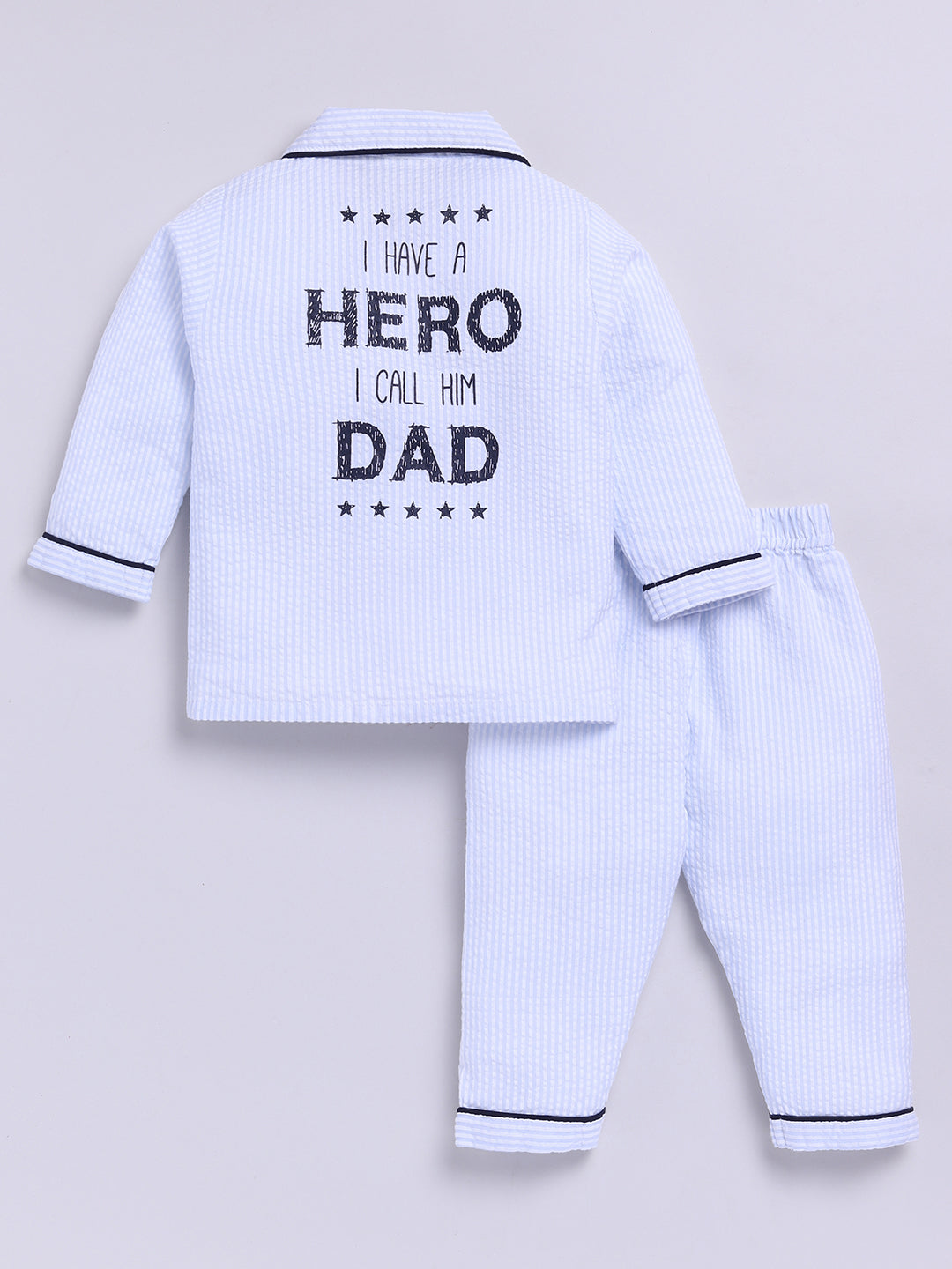 "Superhero Dad" Blue Cotton Typography Full Sleeve Night Suit