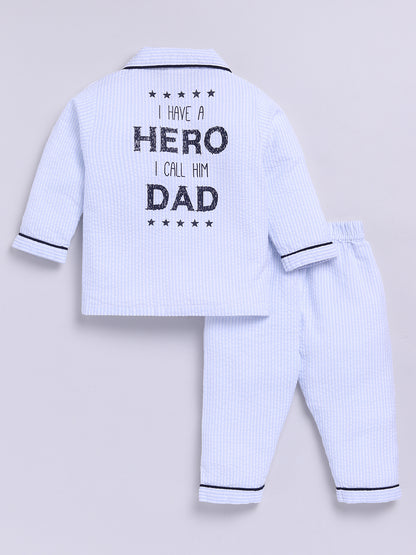 "Superhero Dad" Blue Cotton Typography Full Sleeve Night Suit