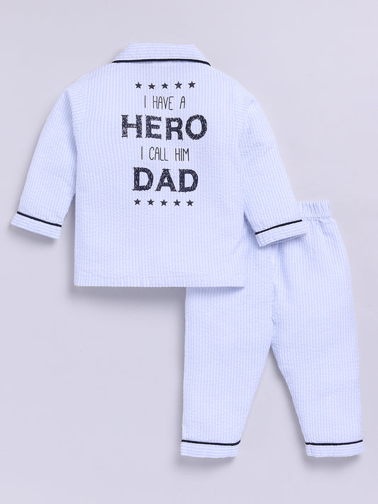 "Superhero Dad" Blue Cotton Typography Full Sleeve Night Suit