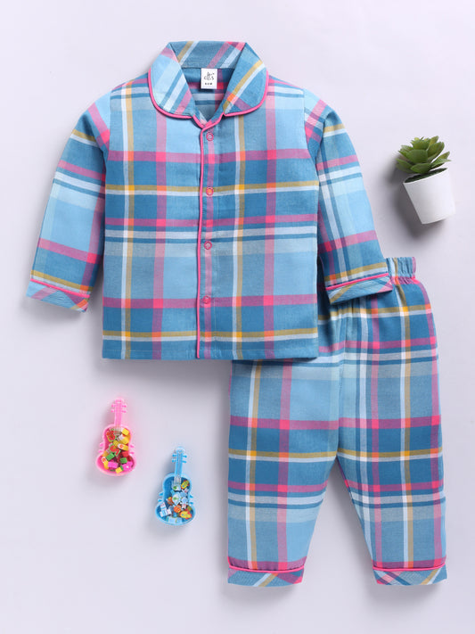 Blue & Pink Cotton Woven Checked Full Sleeve Night Suit