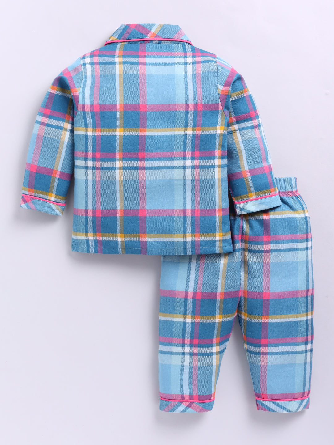 Blue & Pink Cotton Woven Checked Full Sleeve Night Suit