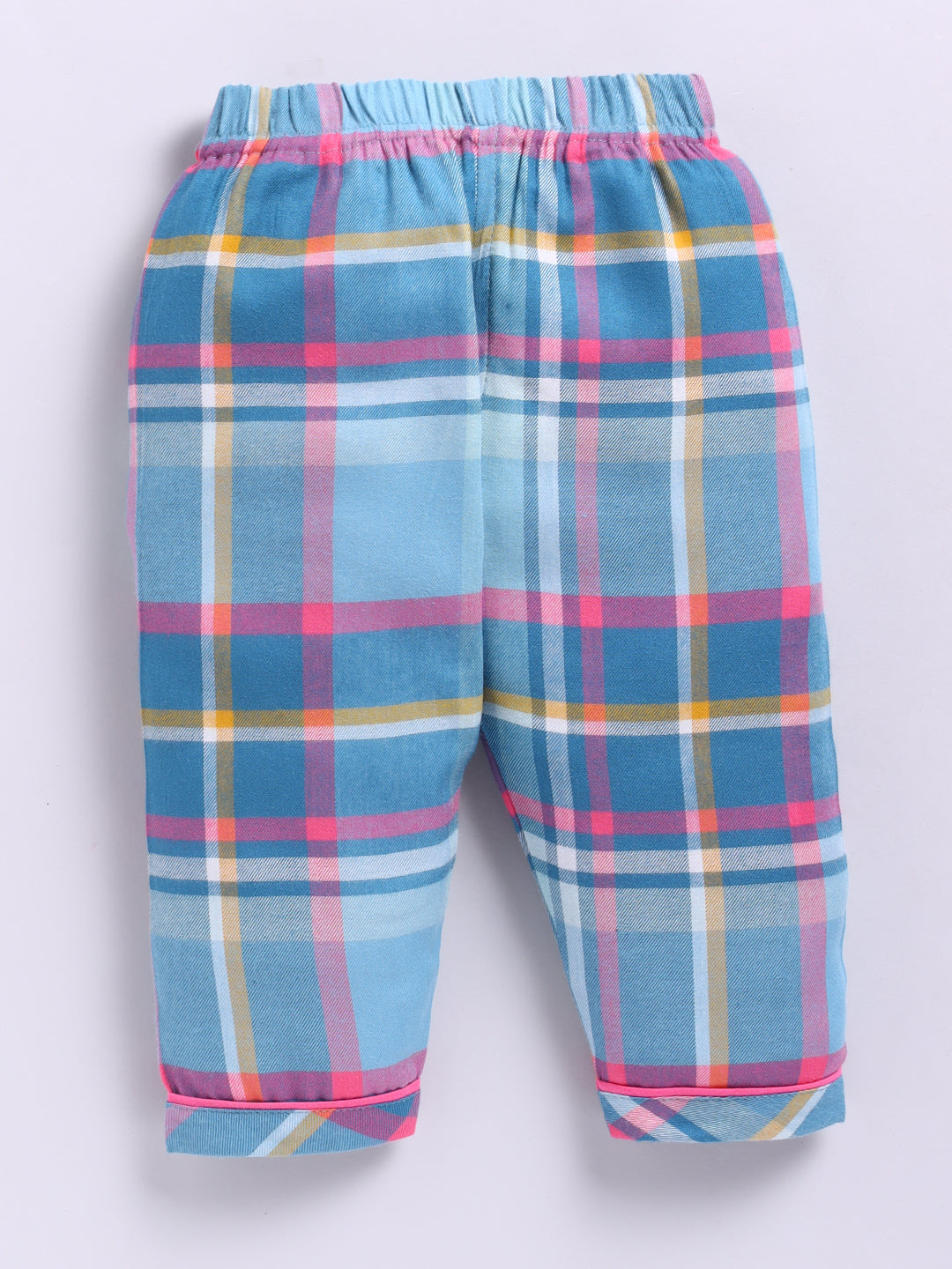 Blue & Pink Cotton Woven Checked Full Sleeve Night Suit