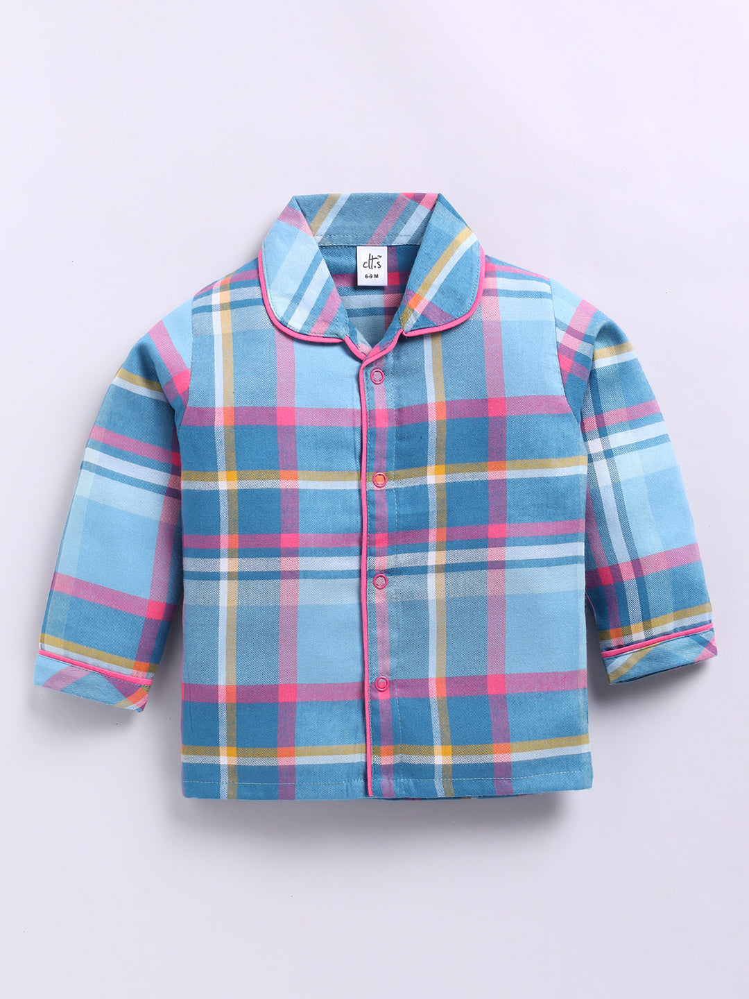 Blue & Pink Cotton Woven Checked Full Sleeve Night Suit