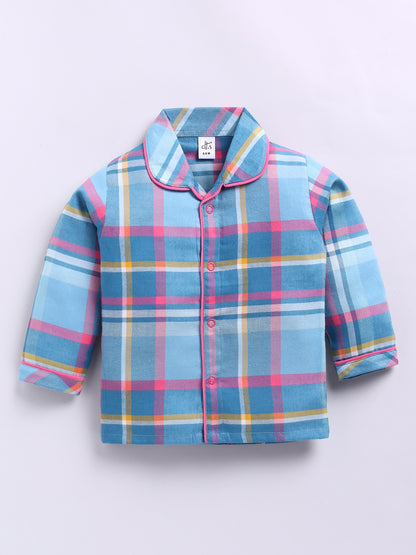 Blue & Pink Cotton Woven Checked Full Sleeve Night Suit