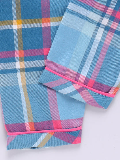 Blue & Pink Cotton Woven Checked Full Sleeve Night Suit
