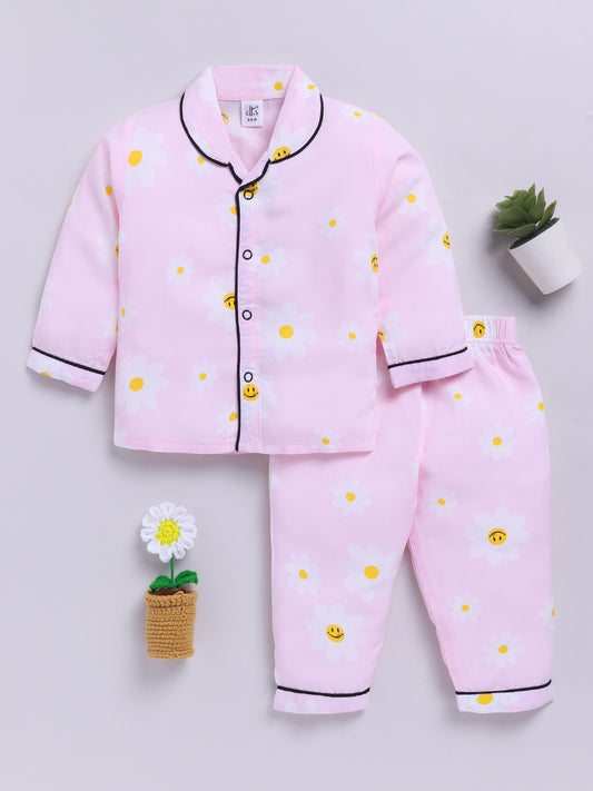 Pink Cotton Woven Floral Full Sleeve Night Suit