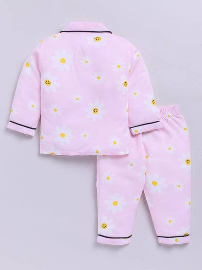 Pink Cotton Woven Floral Full Sleeve Night Suit