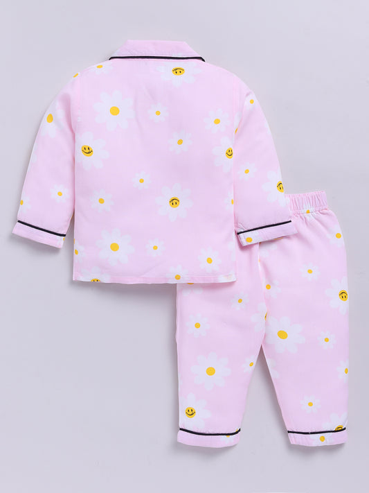 Pink Cotton Woven Floral Full Sleeve Night Suit