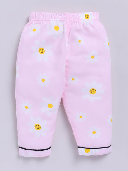 Pink Cotton Woven Floral Full Sleeve Night Suit