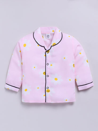 Pink Cotton Woven Floral Full Sleeve Night Suit