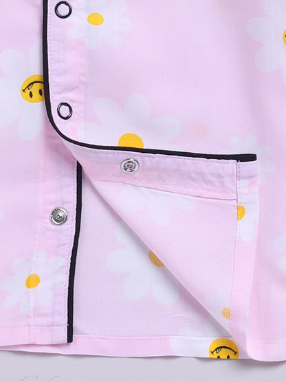 Pink Cotton Woven Floral Full Sleeve Night Suit
