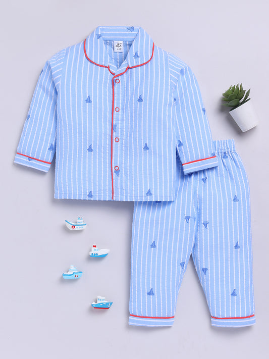 Blue Cotton Woven Striped Full Sleeve Night Suit