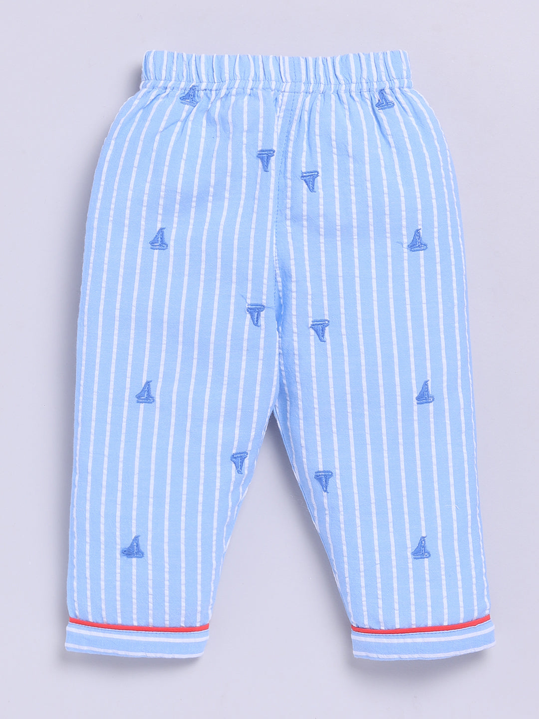 Blue Cotton Woven Striped Full Sleeve Night Suit