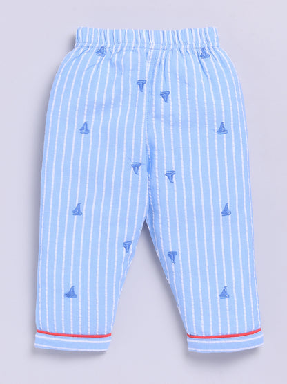 Blue Cotton Woven Striped Full Sleeve Night Suit