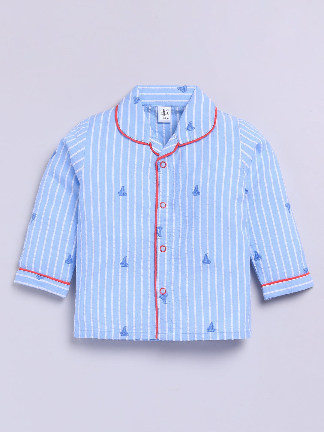 Blue Cotton Woven Striped Full Sleeve Night Suit
