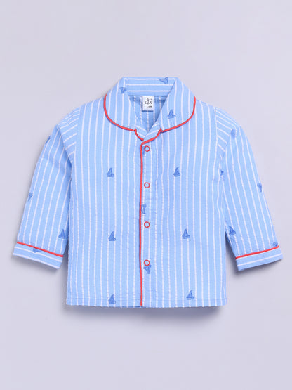 Blue Cotton Woven Striped Full Sleeve Night Suit