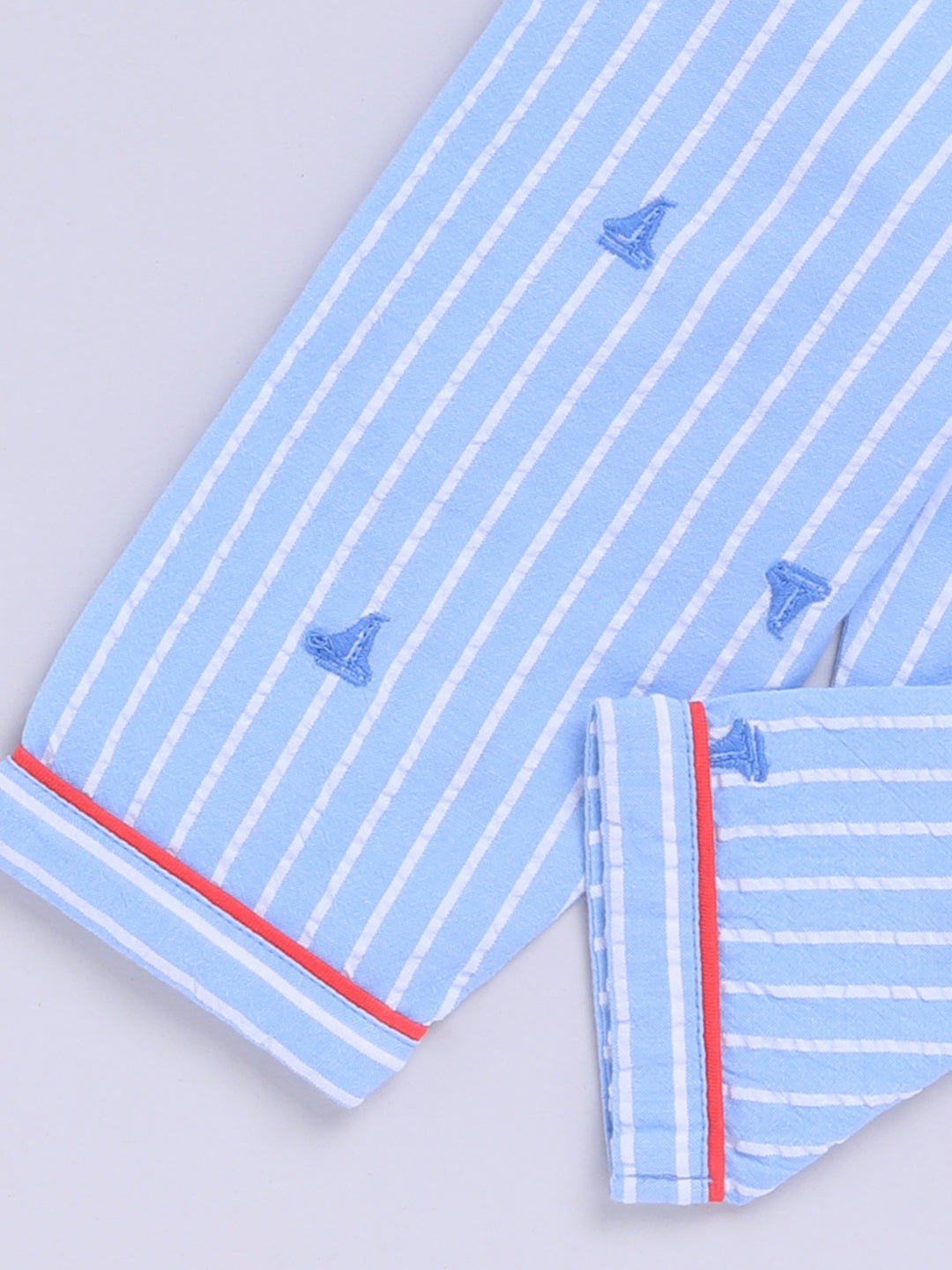 Blue Cotton Woven Striped Full Sleeve Night Suit
