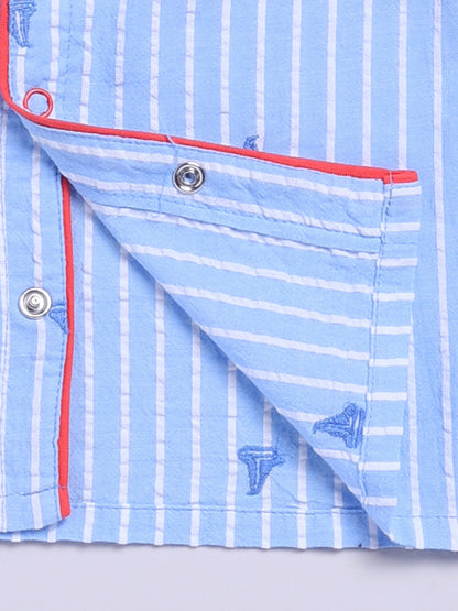 Blue Cotton Woven Striped Full Sleeve Night Suit