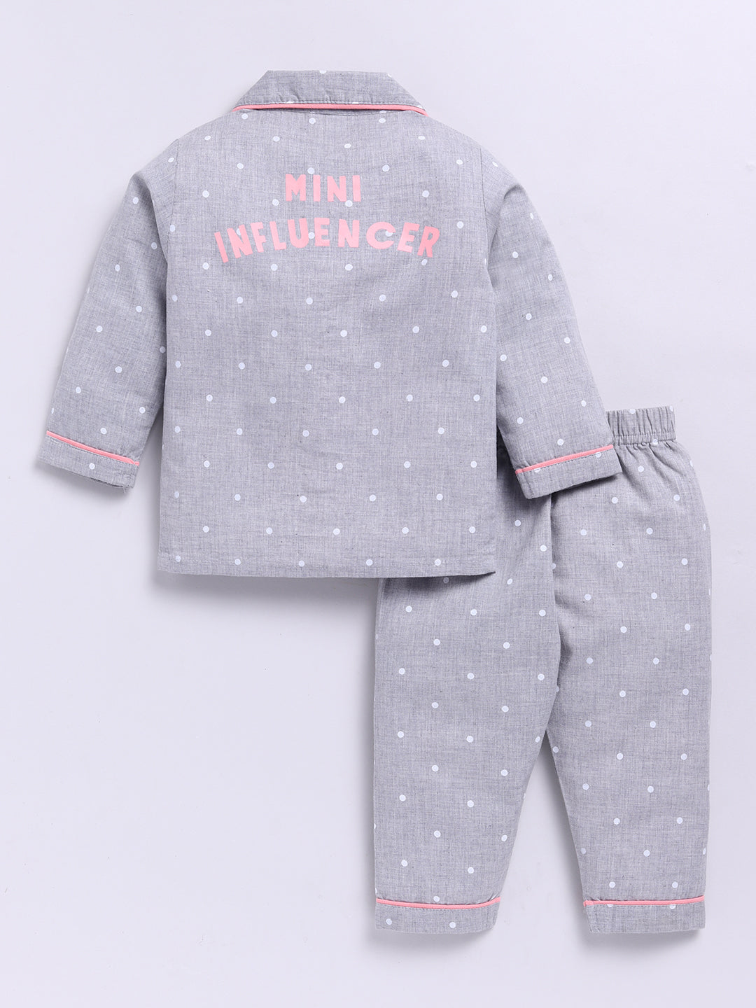 'Mini Influencer' Backprint Grey Polka Dots Full Sleeve Night Suit